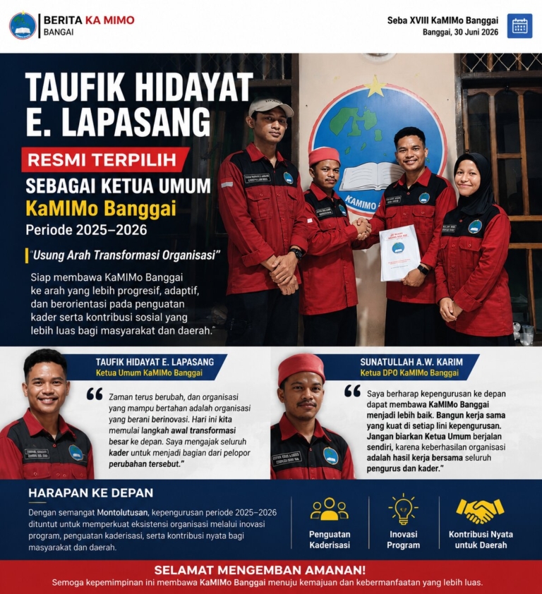 Taufik Hidayat E. Lapasang Resmi Terpilih sebagai Ketua Umum KaMIMo Banggai Periode 2025-2026, Usung Arah Transformasi Organisasi