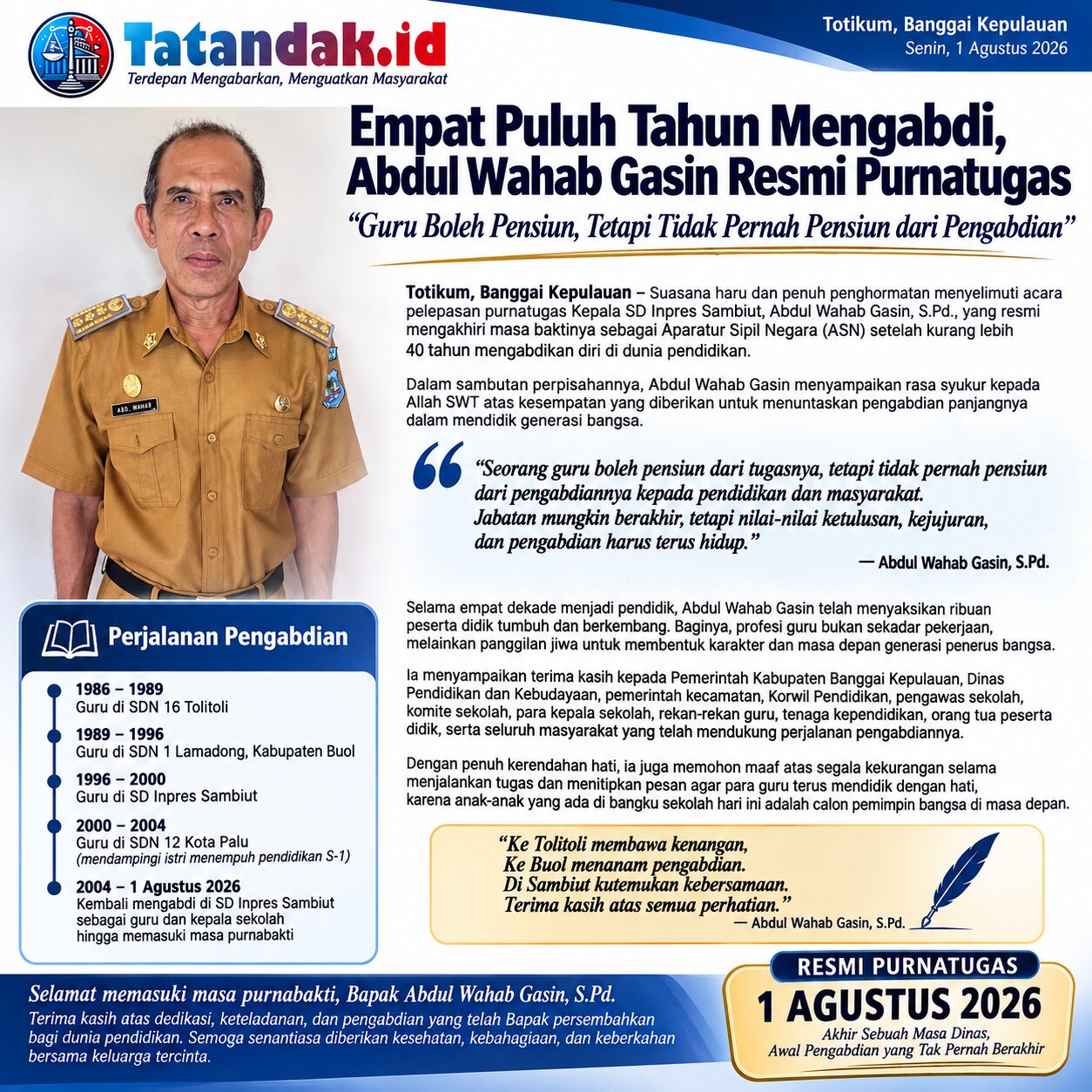 Empat Puluh Tahun Mengabdi, Abdul Wahab Gasin Resmi Purnatugas: “Guru Boleh Pensiun, Tetapi Tidak Pernah Pensiun dari Pengabdian”